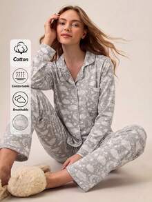 Loomlin Cotton 2Pcs  Collar Detail Printed PJ Set - Grey - View 1