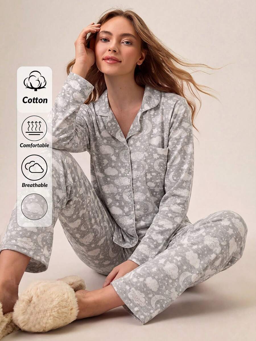 Loomlin Cotton 2Pcs Collar Detail Printed PJ Set - Grey - View 1