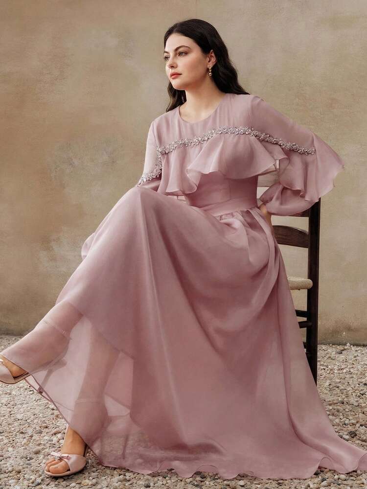 Spring Women's Elegant Graceful Flowy Round Neck Handmade Rhinestone Decor Plus Size Pink Dress