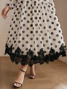 Anewsta Plus Size High-Quality Vintage Sweet Polka Dot Dress, Tie Waist Ruffle Hem Lace Trim Slimming Midi Dress, Suitable For Work And Dates, Spring To Summer - Black and White - View 3