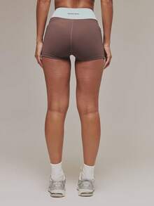 Musera Sport Contrast Cross Over Waistband Active Shorts Sports Workout Gym Pilates Fitness Daily Casual Aqua - Brown - View 4