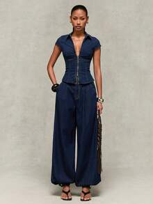 Normani Quần jeans nữ thường ngày có túi và nút - Rửa tối - Xem 3