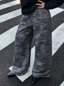 Dazy Plus Plus Size Women Camouflage Print Street Style Long Jeans, All Season Summer - Navy Blue - View 5