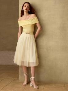 MOTF MUJER BLUSA DE PUNTO AJUSTADA CON DETALLE DE PERLAS FALSAS Y diamante de imitación - Amarillo - Ver 1