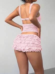 Aloruh Women's New Sexy Lace Solid Black Ruffle Hem Low Waist Shorts Hotpants - Baby Pink - View 2