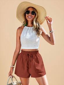 Travachic Women's Solid Color Drawstring Waist Spring Shorts - Burnt Orange - View 6