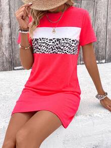 EMERY ROSE Women's Casual Leopard Print Patchwork Round Neck Short Sleeve Dress - Multicolor - View 4