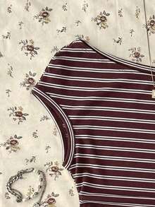 Attitoon Áo croptop nữ bất đối xứng xếp ly, họa tiết sọc retro kiểu Mỹ, trang phục mùa hè nữ, phong cách vintage. - Nhiều màu - Xem 3