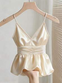 SHEIN Franclia Delicate Apricot Spaghetti Strap Camisole, Satin Shiny Waist Ruffle Design Niche Blouse - Apricot - View 1