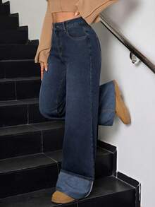 SHEIN Tall Quần jeans ống rộng nữ mùa đông, kiểu dáng vintage, thời trang, có gấu quần xắn lên, chất liệu denim mài bạc, phong cách thanh lịch. - Rửa tối - Xem 8