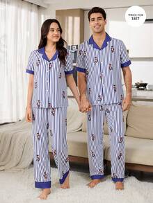 CoupledUp Young Cute Couple Bear & Striped Print Lapel Open Front Loose Woven Men Pajama Set - Multicolor - View 7
