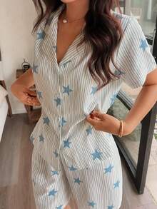 Napfluff Casual Star & Stripe Print Lapel Cardigan Pajama Set For Women - Blue - View 4