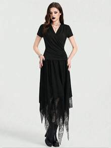 Breakform Áo nữ kiểu Gothic cổ chữ V tay ngắn xếp ly bên hông, áo kiểu ôm sát bằng vải dệt kim, áo sơ mi đen nữ, áo nữ mặc thường ngày, áo nữ mùa hè. - màu đen - Xem 6