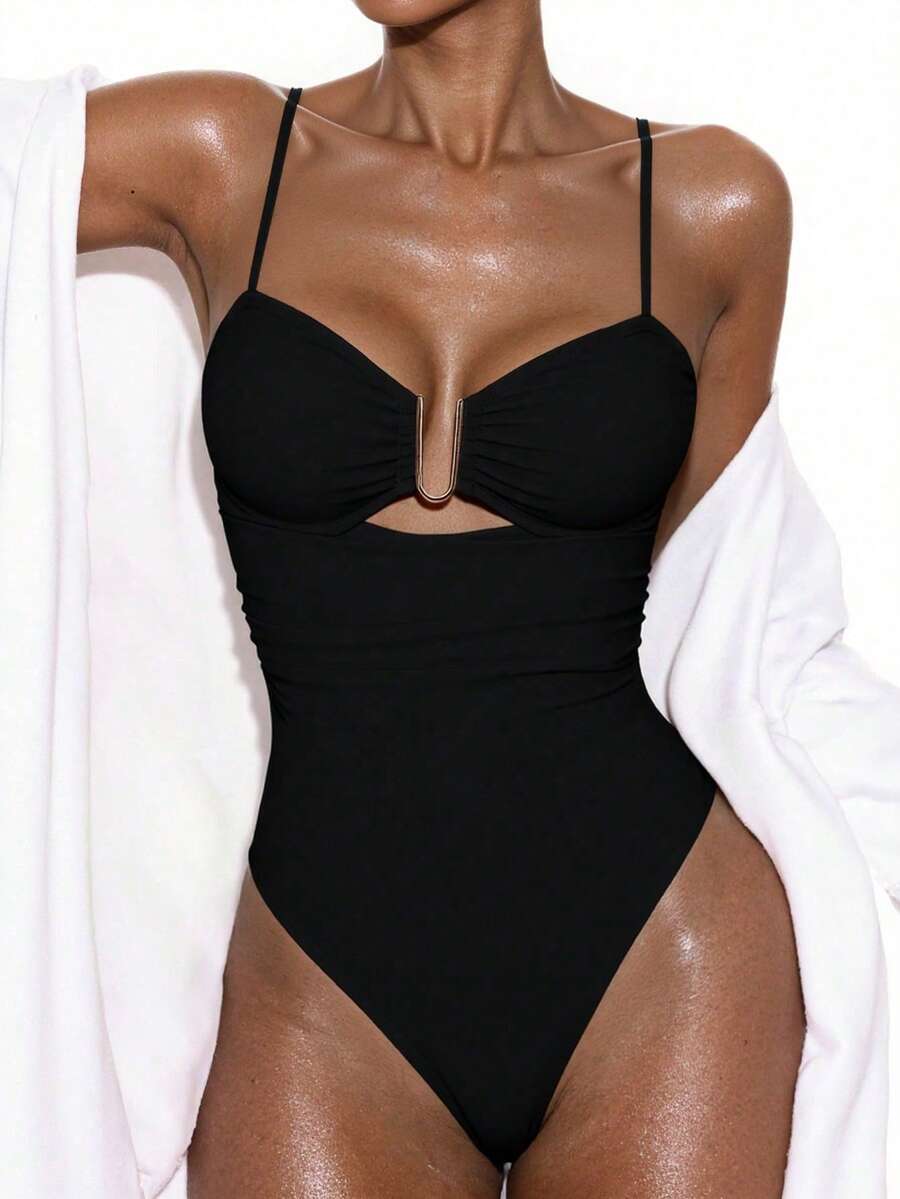 Swim Basics 女士纯色简约日常穿搭单件吊带背心夏季 - 黑色 - 查看 1