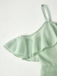 SHEIN 少女优雅纯色荷叶边露肩派对连衣裙，夏季 - 綠色 - 查看 3