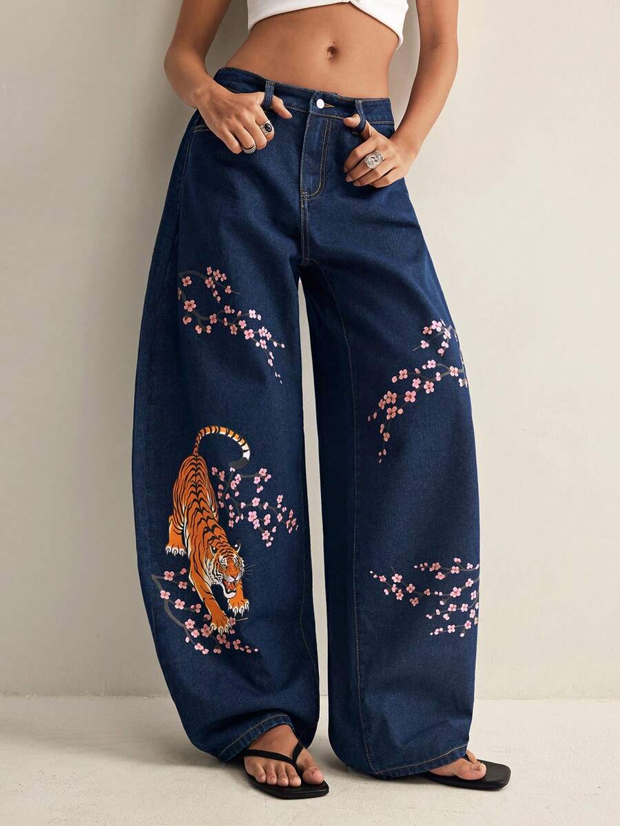 Easelle Quần jean denim nữ kiểu dáng thường ngày, họa tiết hổ và hoa, có túi. - Màu xanh lam - Xem 1