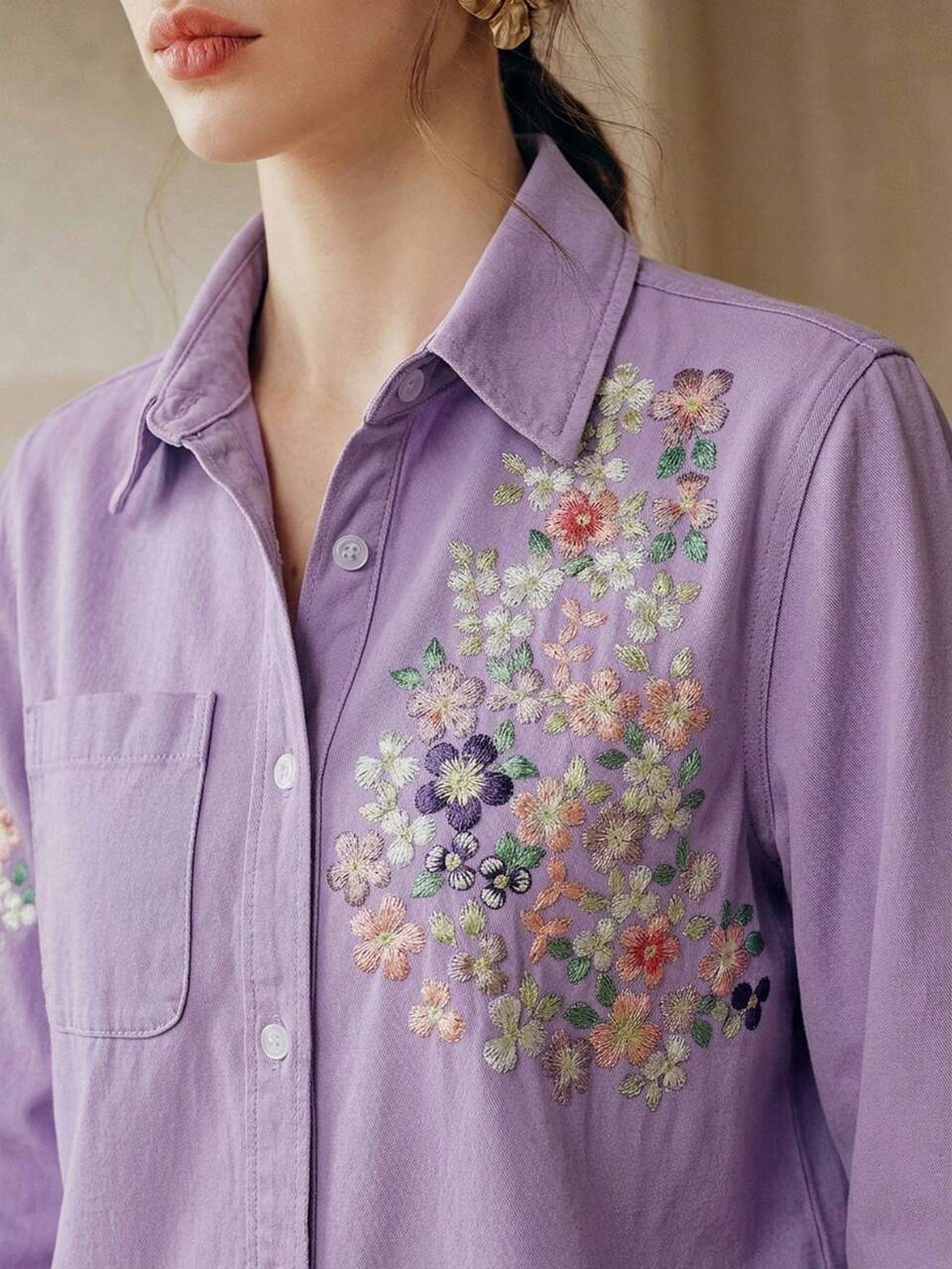 Women's Elegant Floral Embroidered Long Sleeve Shirt, Romantic For Party, Vacation, Paired With Jeans, Spring/Summer