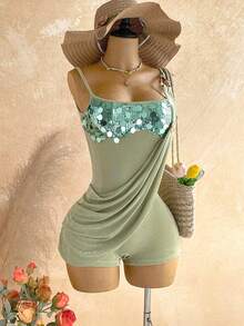 Soleia Novo Casual de Primavera/Verão Roupa de Convidado para Casamento na Praia Ocidental, Formatura, Almoço de Páscoa, Dia de São Patrício, Férias de Primavera, Festival de Música, Elegante Boho Tropical Sem Costas, Decoração de Lantejoulas e Metal, Babado na Barra, Macaquinho, Adequado para Festa, Dia dos Namorados, Encontro - Verde - Visão 3
