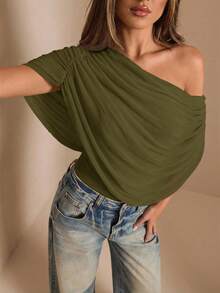 SHEIN BAE 秋冬季纯色棕色/咖啡色露肩褶皱修身优雅连体衣，紧身优雅修身连体衣，垂褶上衣 - 軍綠色 - 查看 6