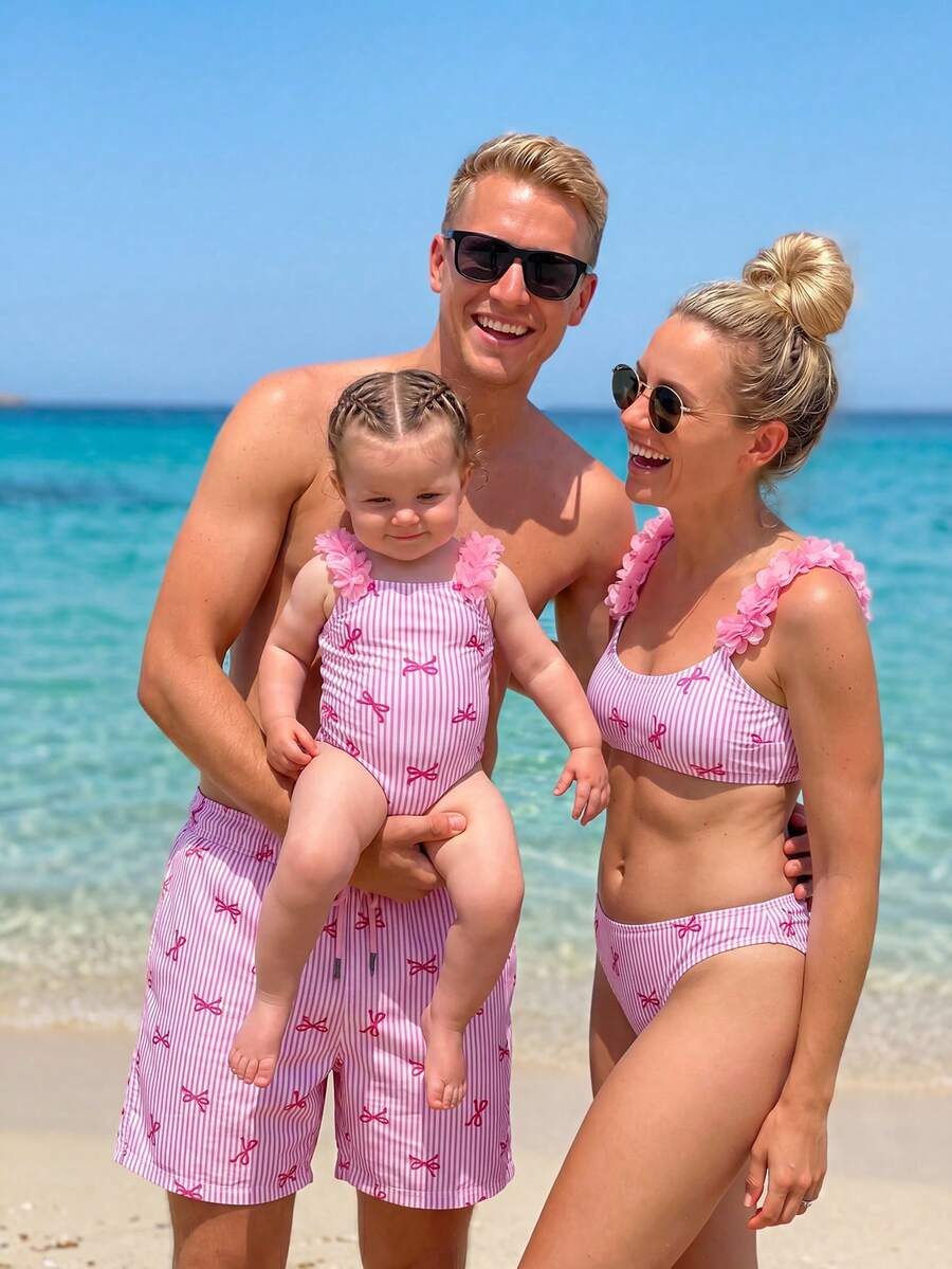 SHEIN 泳装时尚优雅度假针织条纹蝴蝶结设计3D花卉可调节肩带V领性感比基尼套装，粉色蝴蝶结女童泳衣条纹连体泳衣粉色连体泳衣女童泳装，亲子泳衣 - 彩色 - 查看 1