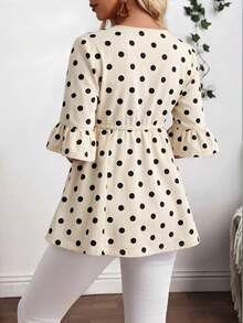 EMERY ROSE Plus Size Summer Casual Polka Dot Print Drawstring Waist Denim Jacket - Beige - View 2