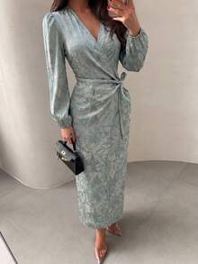 Modelyn 女士绿色提花长袖裹身系带A字中长连衣裙，优雅浪漫，春夏款 - 綠色 - 查看 8