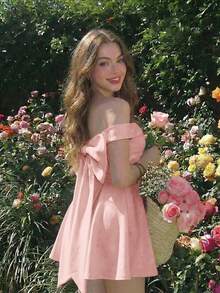 SHEIN MOD Women's Solid Color Bowknot Backless Off-Shoulder Mini Dress - Pink - View 3