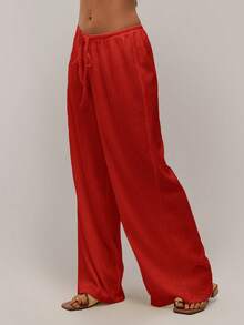 Avantive Women's Casual Solid Color Minimalist Drawstring Pants - Red - View 5