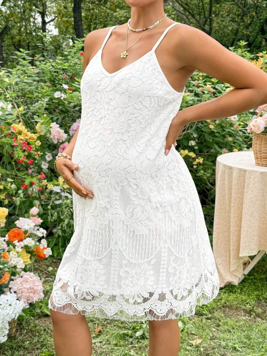 SHEIN Đầm bầu ren thanh lịch - trắng - Xem 1