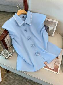 GlowEve CURVE Camisa de unicolor de talla grande con decoración de botón 3D y adorno de perlas, de manga corta - Azul - Ver 4