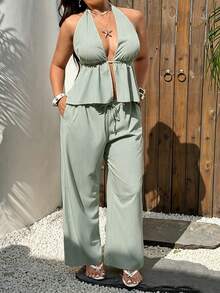 Sunnyshic Plus Size Striped Camisole And Pants 2 Pieces Set, Vacation Style - Multicolor - View 3