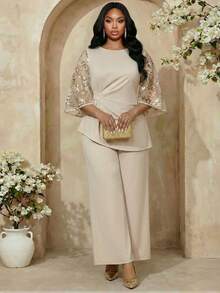 Fleurora Beige Summer Elegant Wedding Plus Size Two Piece Set For Women,Sequin Embroidery Mesh Patchwork Top And Pants 2 Pieces Set,Mother Of The Bride Suit - Khaki - View 4