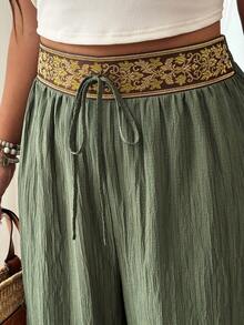 Weeklong Plus Size Women's Casual Vacation Contrast Color Waist Lantern Pants, Suitable For Daily Wear And Vacation - Army Green - View 4