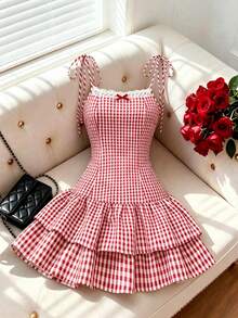 GlowEve 畅销款红白格纹吊带蝴蝶结蕾丝边腰部荷叶边下摆休闲迷你连衣裙，女士 - 紅色 - 查看 2