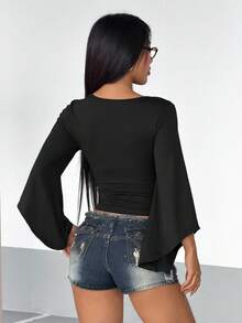 StreetHx Deep V-Neck Ribbon & Pearl Decor Flare Sleeve T-Shirt - Black - View 2