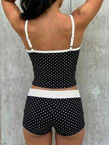 SHEIN EZwear Bộ đồ nữ thường ngày chấm bi gồm áo hai dây và quần short, thích hợp cho mùa hè. - Nhiều màu - Xem 2