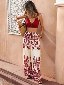 Selianne Women's Elegant Red And White Summer Boho Beach Vacation Holiday Sleeveless Camisole Crop Top And Straight Wide Leg Printed Pants Two Pieces Set - Burgundy - View 7