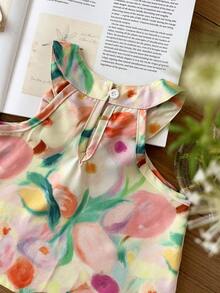 SHEIN Baby Girl Outfits 6Months-3year 2pcs/Set Pastel Yellow Summmer Tropical 2nd Birthday Elegant Sleeveless Ruffled Flower Printing Top And Shorts Suit - Multicolor - View 4