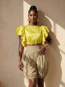Zolique Women's Fashionable Retro Hip Hop Khaki Elastic Waist Wide Leg Capri Shorts - Khaki - View 6