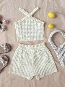 SHEIN Pakaian Kasual Sehari-hari untuk Anak Perempuan: Atasan Model Halter dengan Dekorasi Bunga 3D dan Celana Pendek - Aprikot - View 2