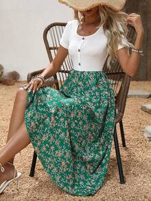 SHEIN Holidaya Women's Floral Patchwork Short Sleeve Midi Dress, Summer Maxi Women Outfit - Green - View 1