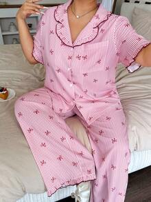 Napfluff CURVE Napfluff CURVE Cute Striped Bow Decor Short Sleeve & Pants Pajama Set, Casual Summer Loungewear For Girls - Red - View 1
