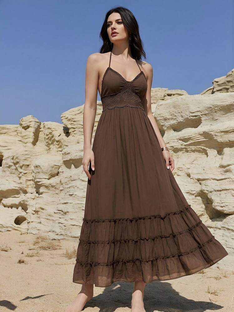 Women's Coffee-Color Halter Dress, Suitable For Spring And Summer Vacation