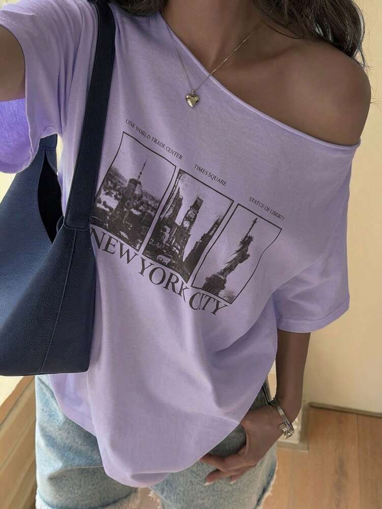 Teen Girl Asymmetric Neck Letter & Graphic Print Short Sleeve T-Shirt Summer