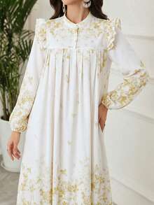 Al Najma Elegant Ruched Floral Dress With Headscarf, Arabic Style - Yellow - View 2