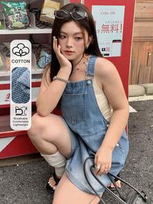 Dazy Plus Vintage Western Cowgirl Washed Navy Blue Distressed Short Denim Bib Overalls, Cropped Street Style Plus Size For Women, Vacation - Medium Wash - View 1