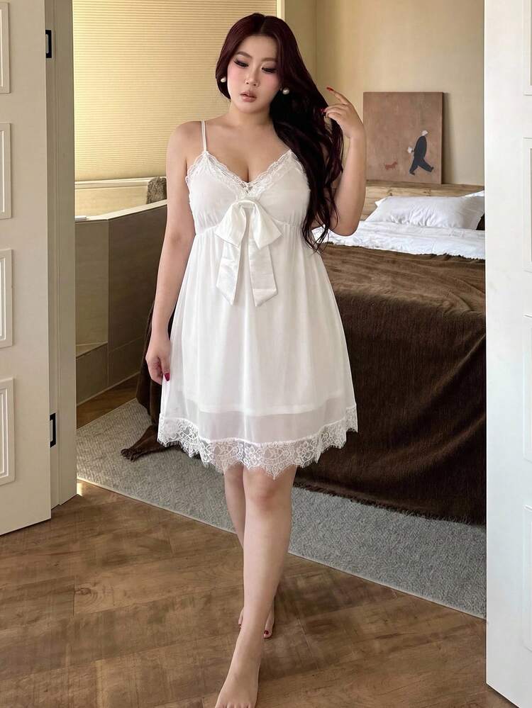 Dazy Plus Plus Size Women Contrast Lace Sexy Long Sleeve Chiffon Maxi Nightgown, Spring/Summer