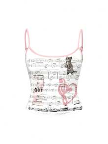ROMWE Kawaii Top de tirantes con estampado de notas musicales, corazones y gatos, lindo y elegante - Blanco - Ver 5