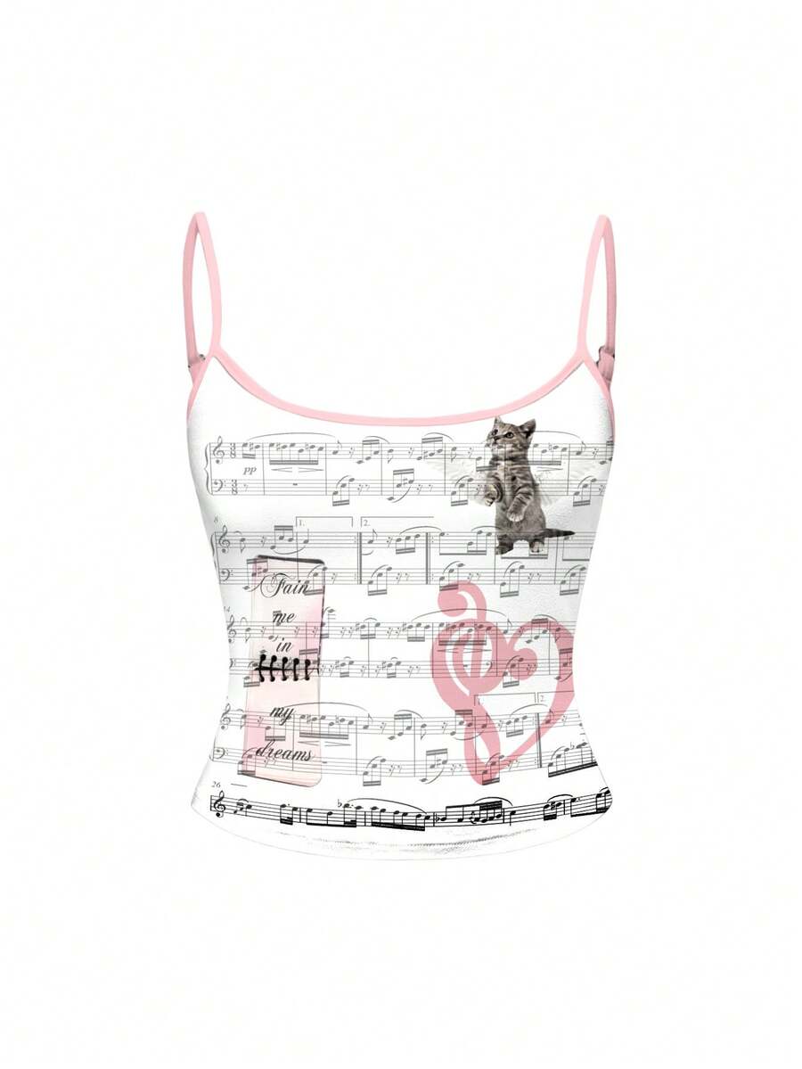 ROMWE Kawaii Cute Cat Heart Music Note Piano Print Camisole Top, Girly & Elegant - White - View 1
