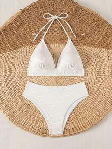 SHEIN Swim Bộ bikini hai mảnh buộc cổ màu trơn gợi cảm dành cho nữ mùa hè, kèm quần lót tam giác. - trắng - Xem 5
